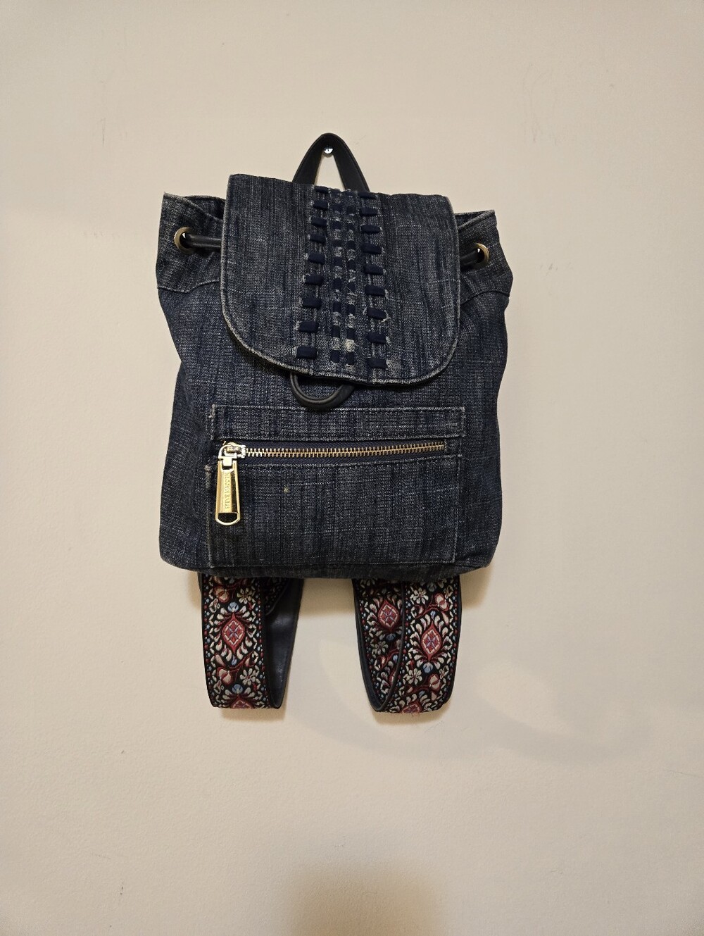 Steve Madden Blue Denim Backpack with Gold Logo Bar
